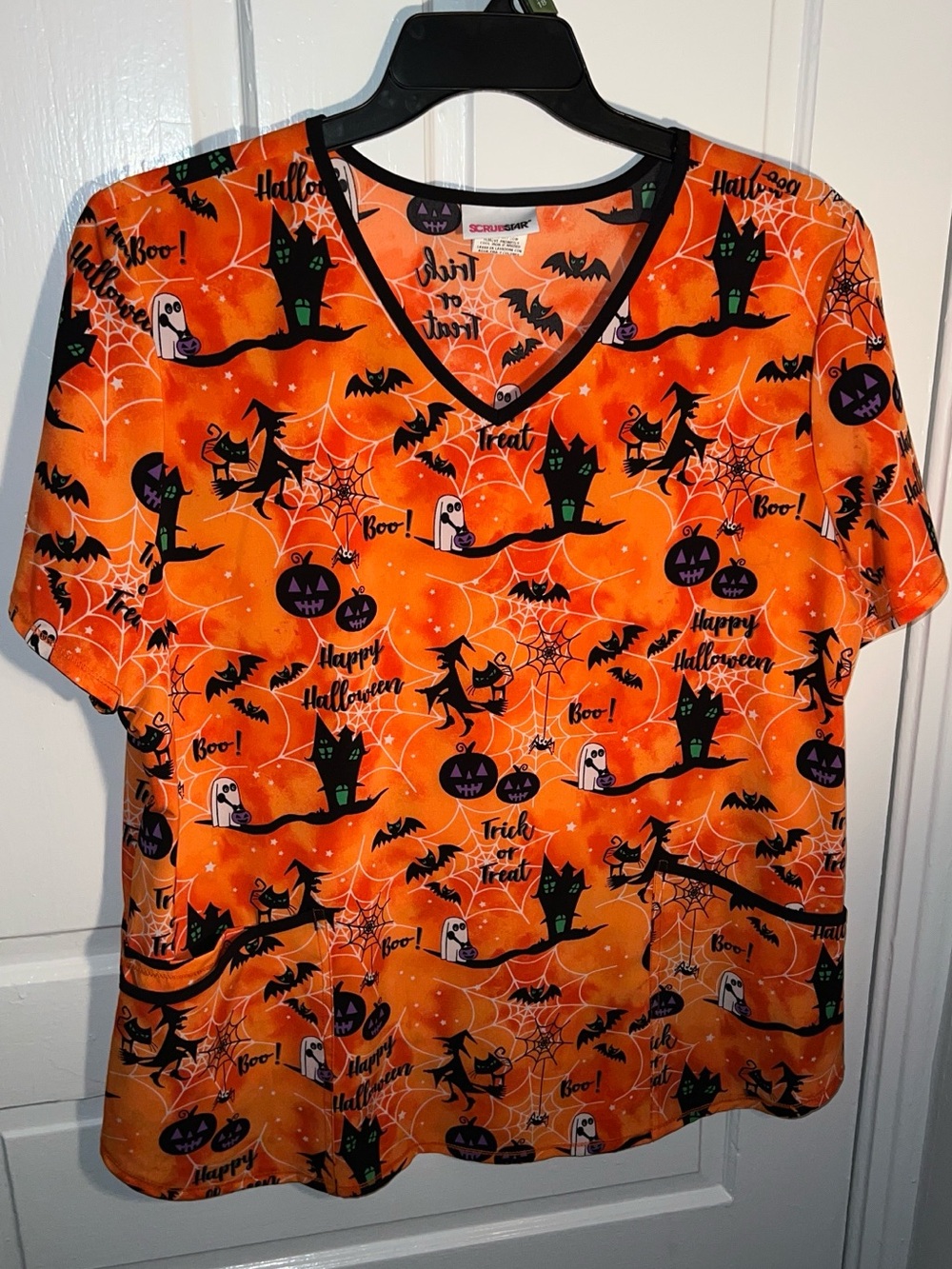 Scrubstar Orange Halloween Print V-Neck Scrub Top scrubs nurse